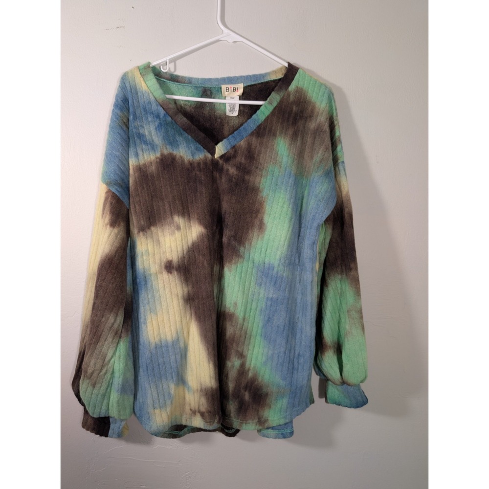 BiBi Size M Tie Dye Brown,Green Yellow V- Neck Long Sleeve Pullover Top